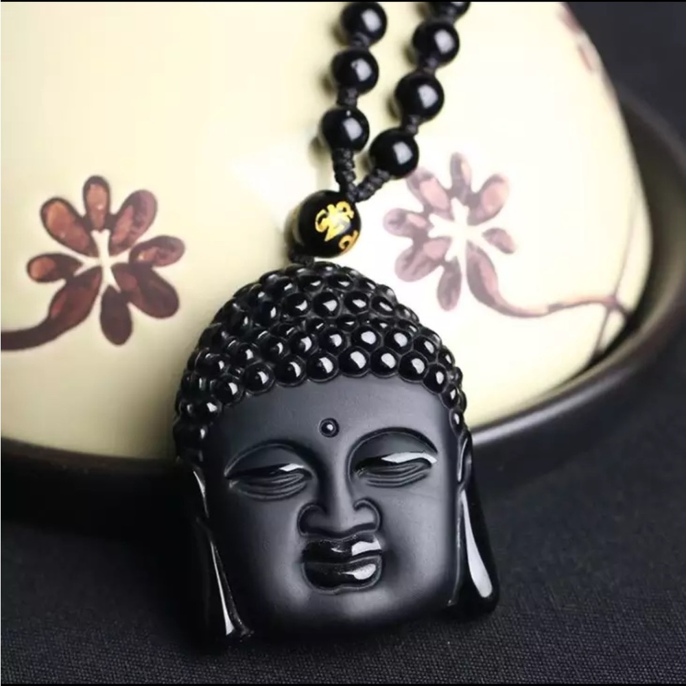 Bodhisattva carved obsidian necklace